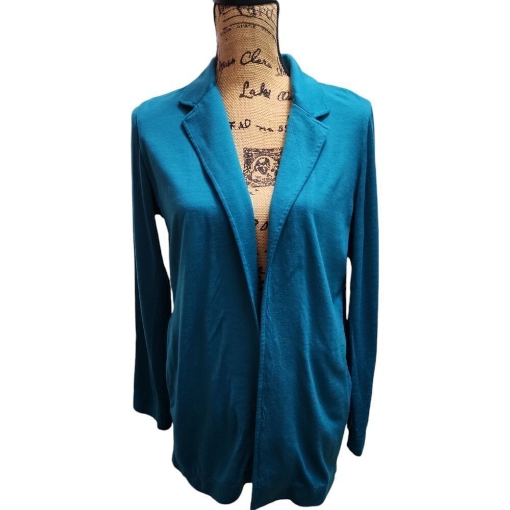 Norm Thompson Teal 100% Wool Open Front Cardigan Blazer Jacket Medium